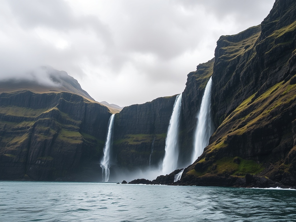 dramatic cliffs of the Faroe Islands with waterfalls dropping into the ocean under moody skies