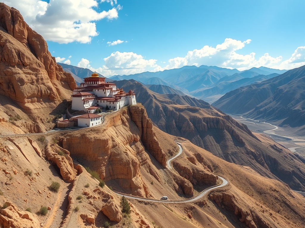 high altitude desert landscape of Ladakh with monasteries perched on cliffs and winding roads