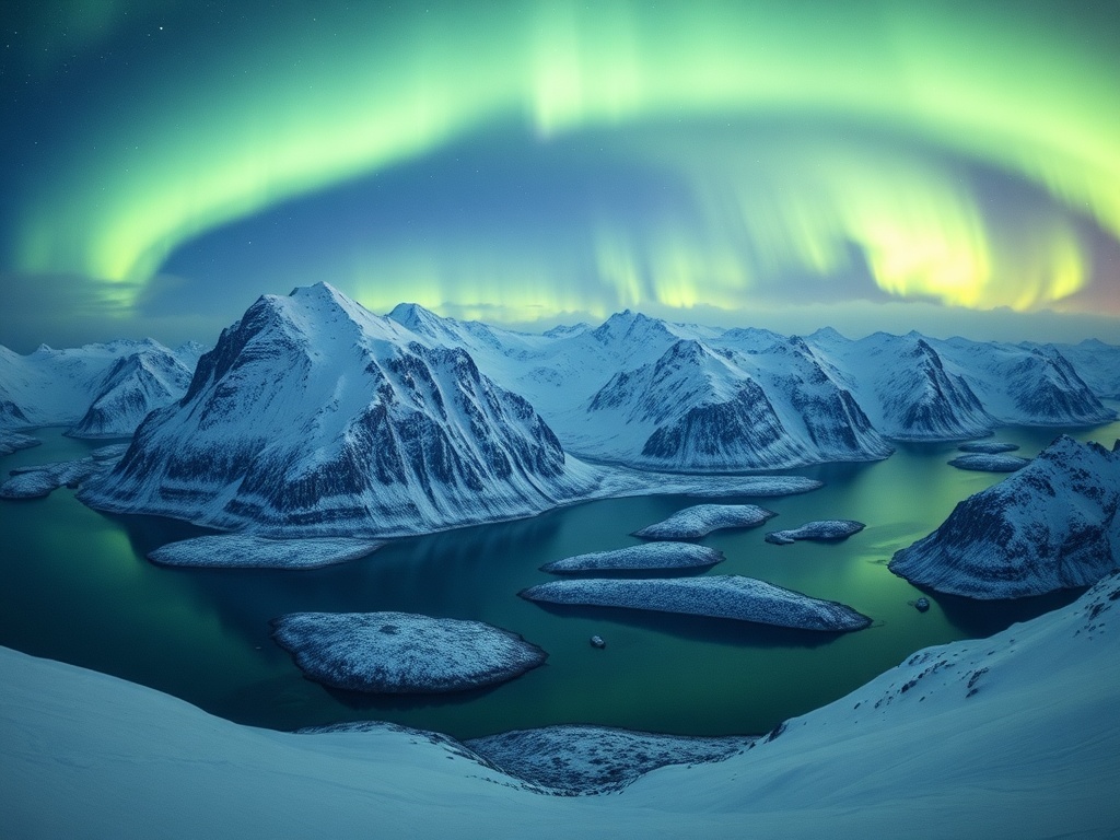 lofoten islands snowy peaks rising above fjords with northern lights in the sky