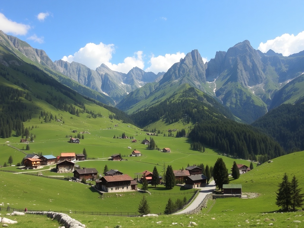 lush green valleys of Albanian Alps with rugged peaks and traditional mountain villages