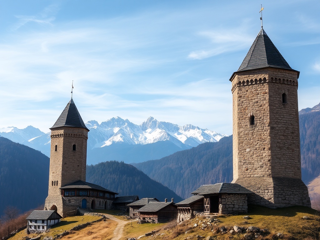 medieval stone towers in Svaneti mountains with snow peaks and remote village scenery