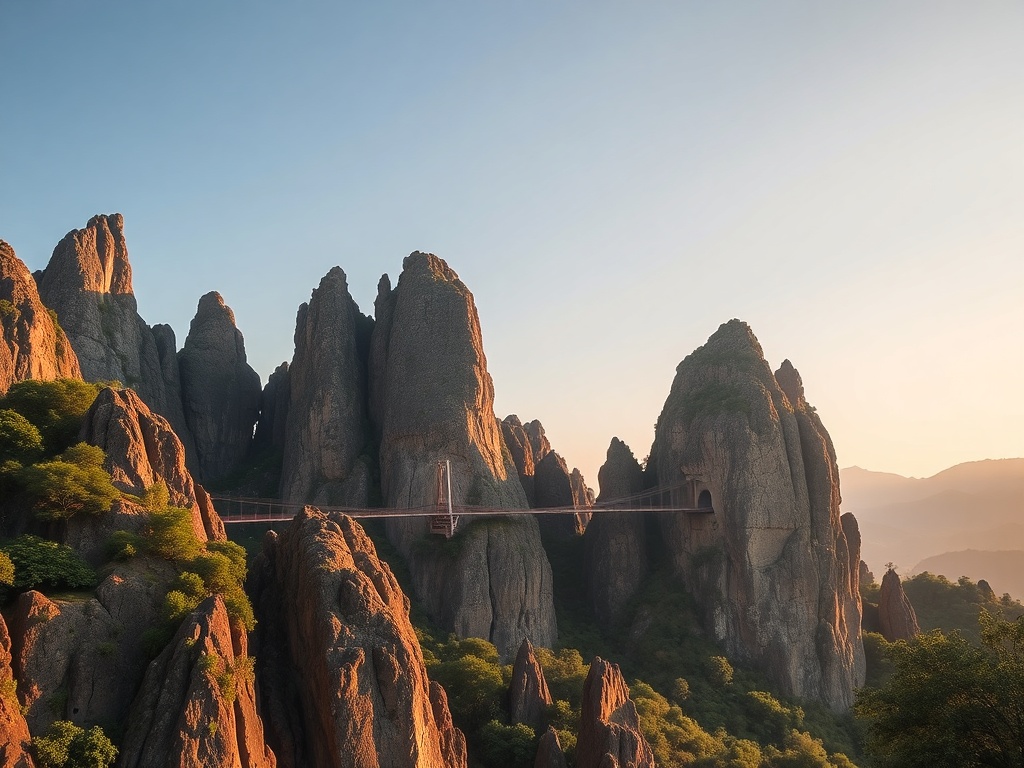 sharp limestone pinnacles of Tsingy de Bemaraha with suspension bridges and rugged terrain