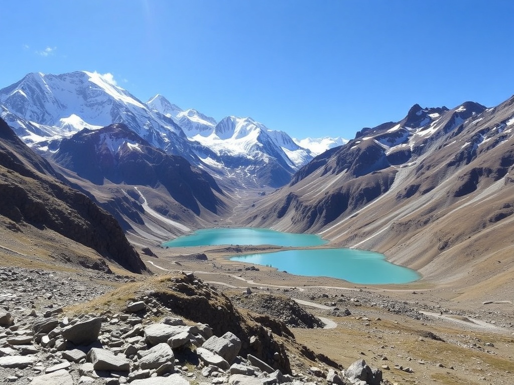 snow-capped peaks of the Huayhuash circuit with turquoise alpine lakes and remote trekking path