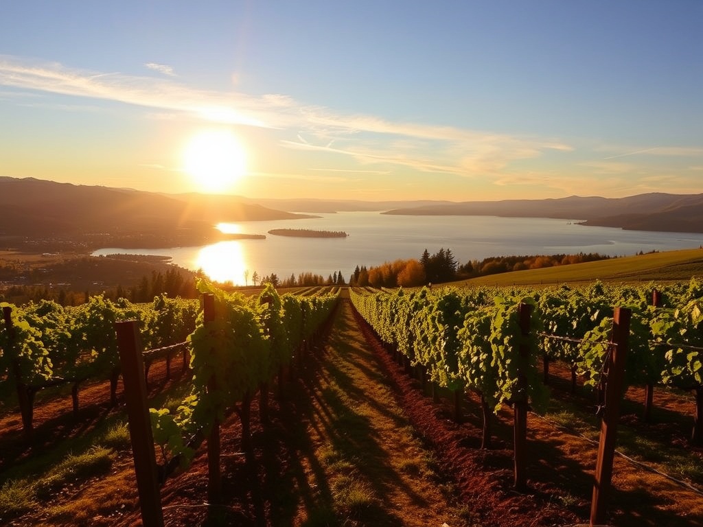 naramata bench vineyard rows overlooking okanagan lake late afternoon sun