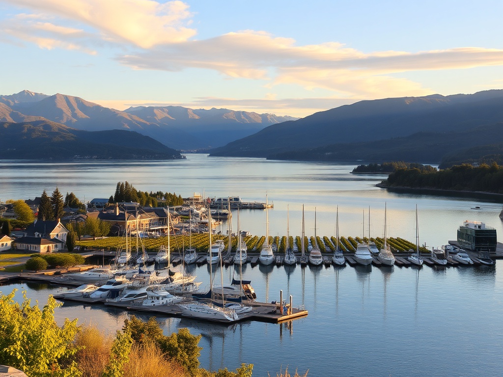 okanagan lake shoreline kelowna marina summer mountains vineyards golden hour