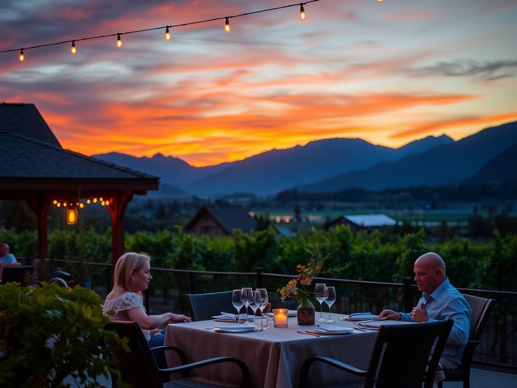 okanagan sunset vineyard patio dinner string lights warm glow mountains background