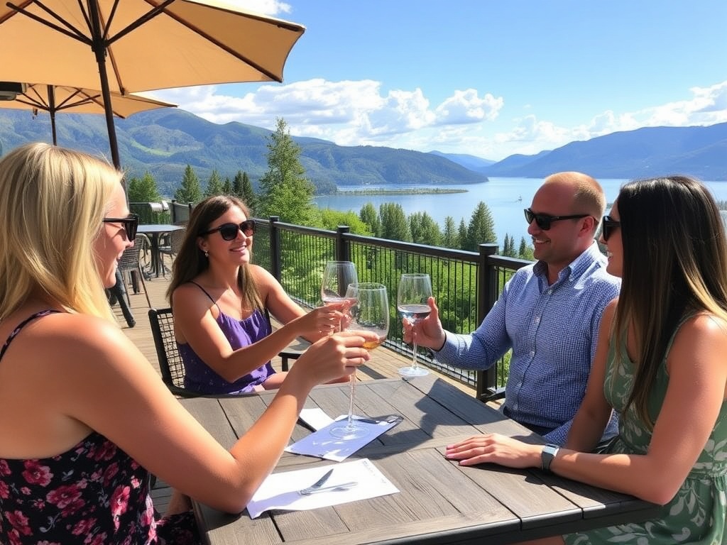 okanagan winery patio tasting flight overlooking lake relaxed summer afternoon