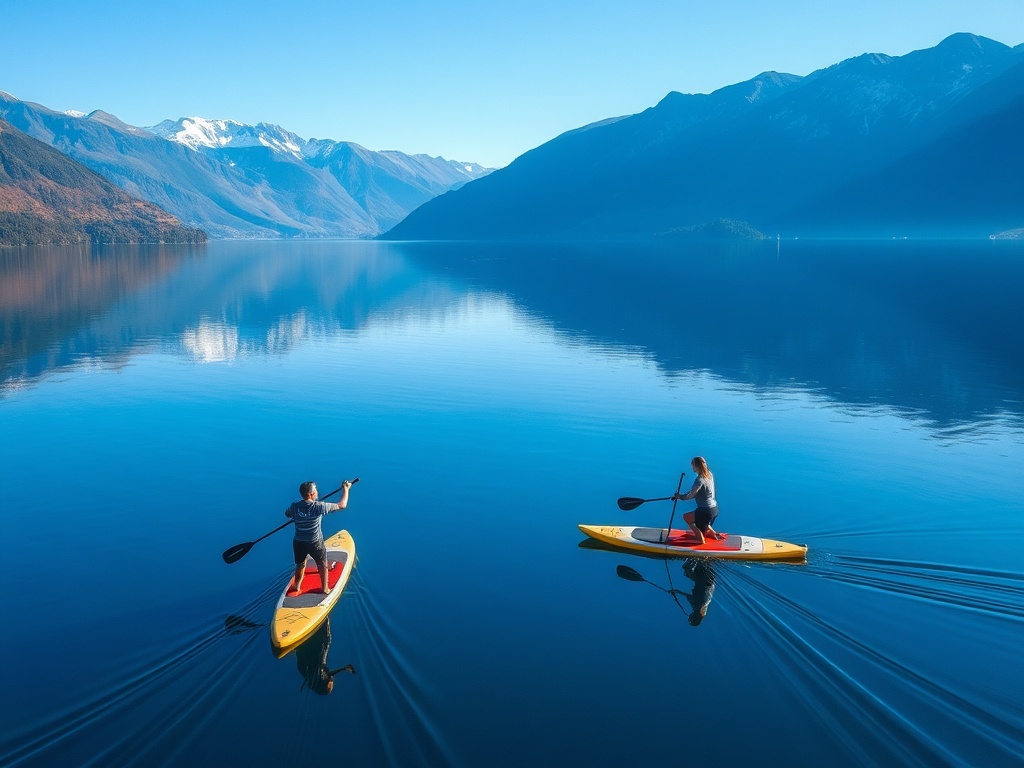 paddleboarders calm okanagan lake clear water mountains reflection blue sky