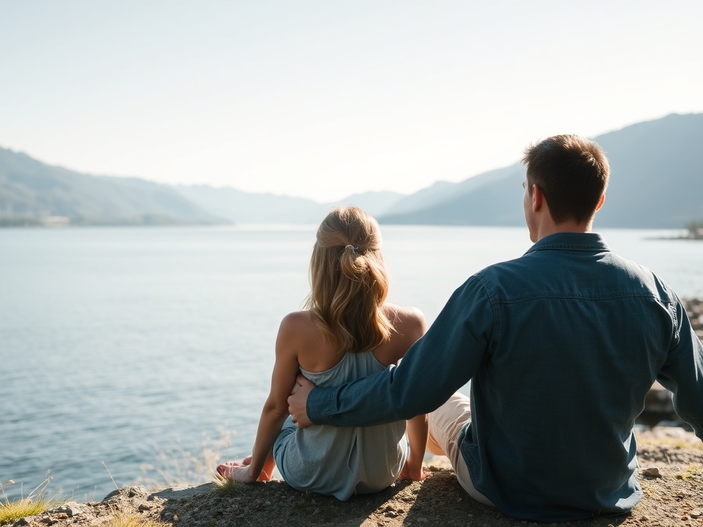 relaxed couple overlooking okanagan lake minimal peaceful weekend vibe