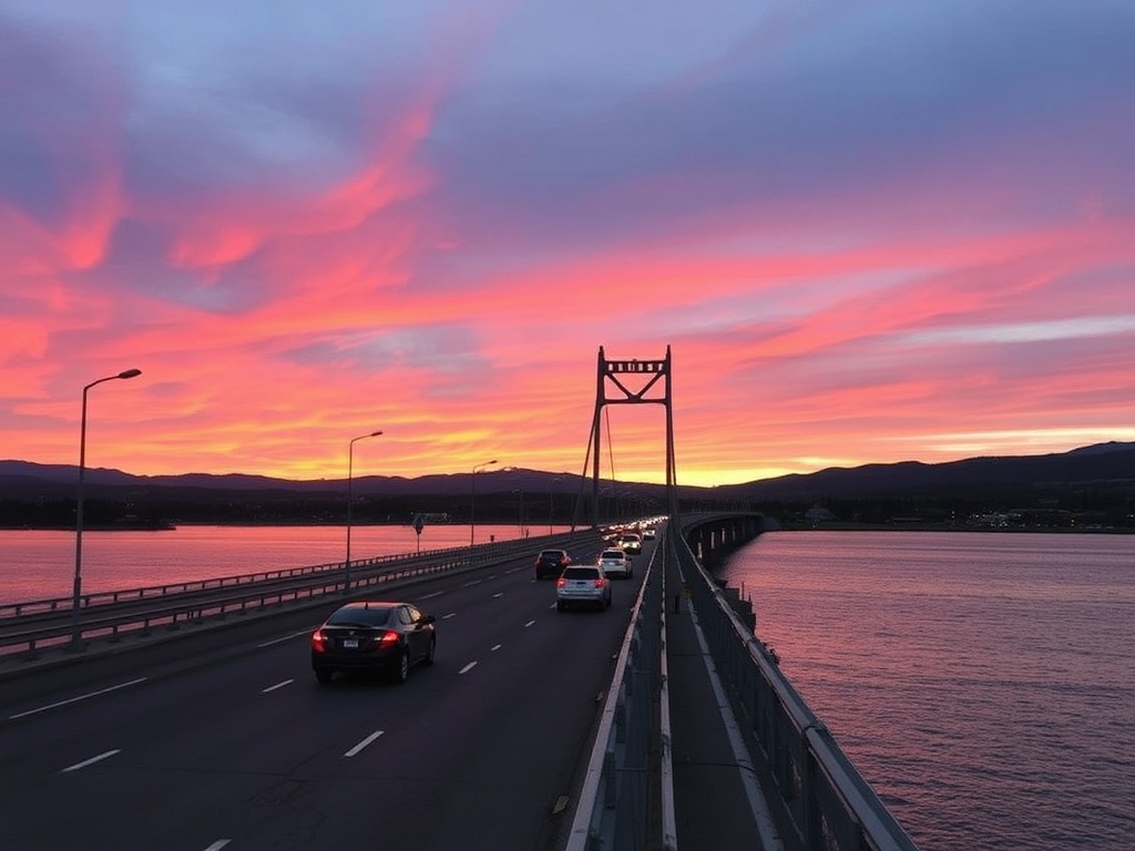 william r bennett bridge kelowna traffic summer sunset cars lake view