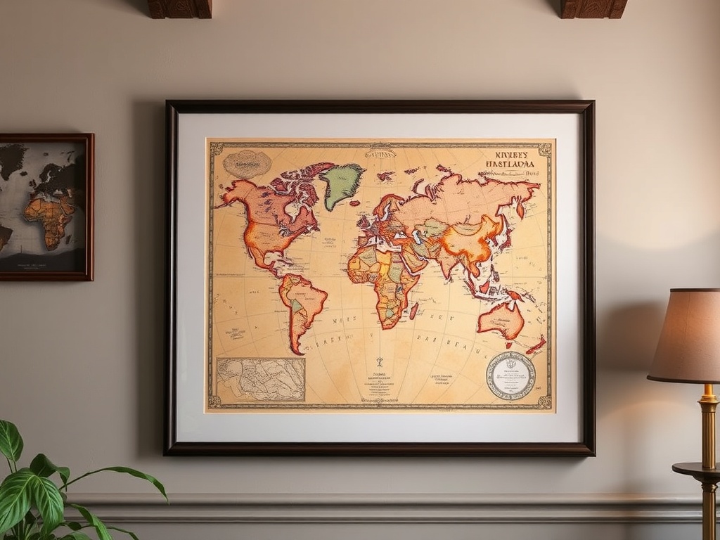A beautifully framed vintage map on display, highlighting its intricate details and vibrant colors in a well-lit room