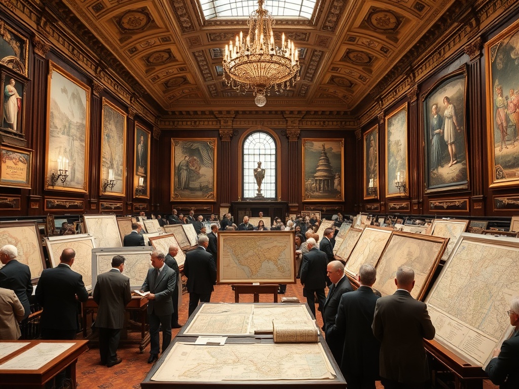 A bidding auction for rare maps in a grand hall, with collectors examining a selection of historical maps