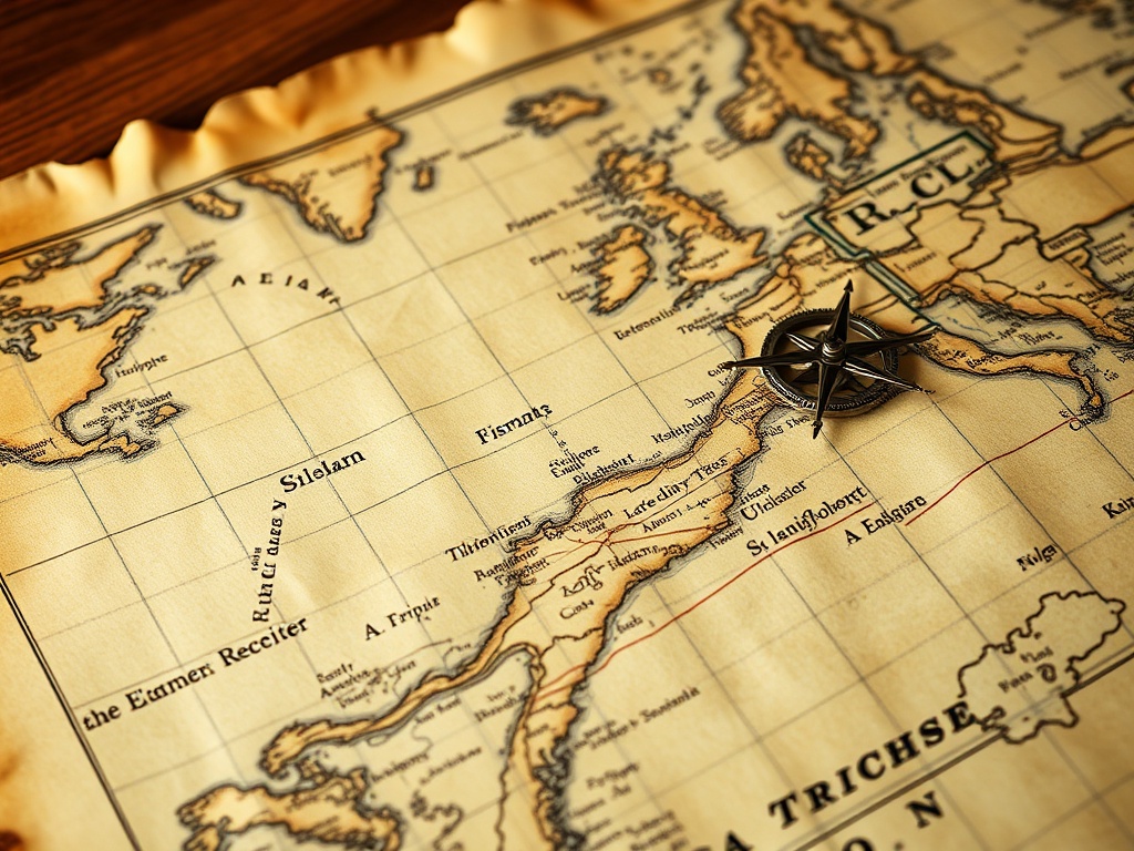 A close-up of a vintage map with intricate details, a compass, and aged edges, laid flat on a wooden surface