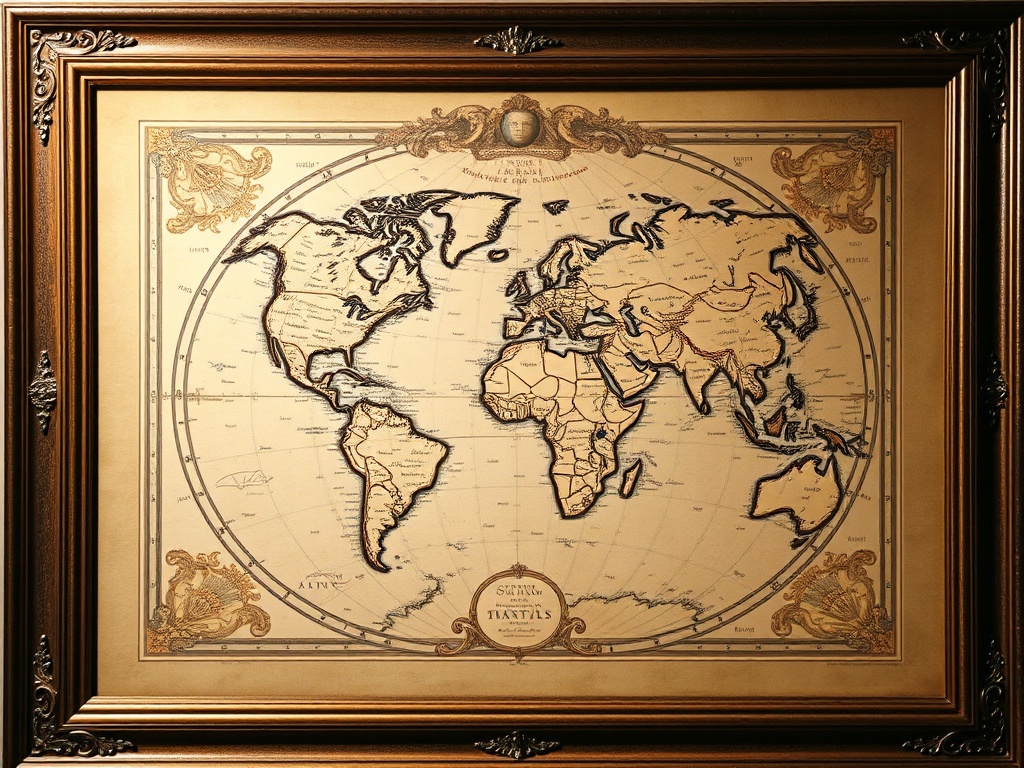 A rare map with intricate details, perhaps a first edition of a famous world map, framed elegantly