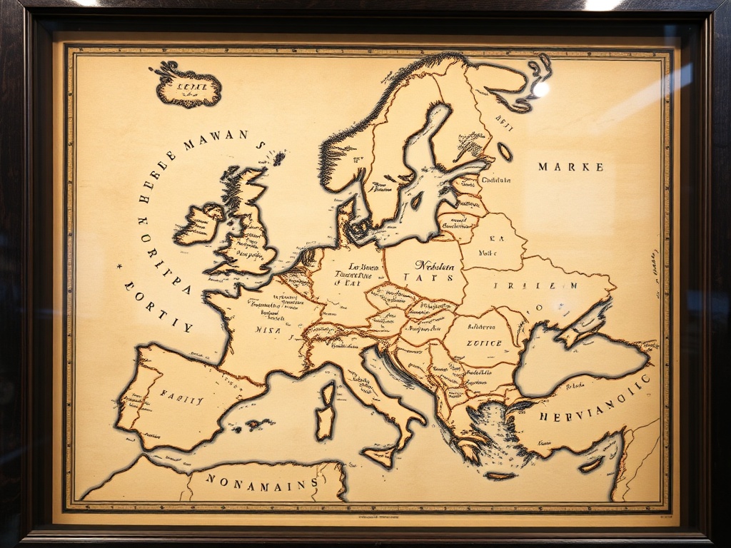 A vintage map of Europe with borders and city names hand-drawn in exquisite detail, displayed in a collector’s showcase