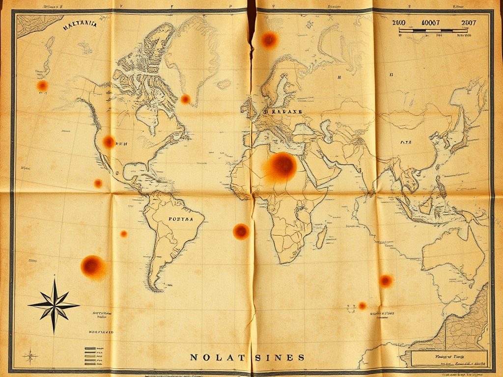 antique map with visible foxing spots and fold lines, realistic aging imperfections, collector inspection scene