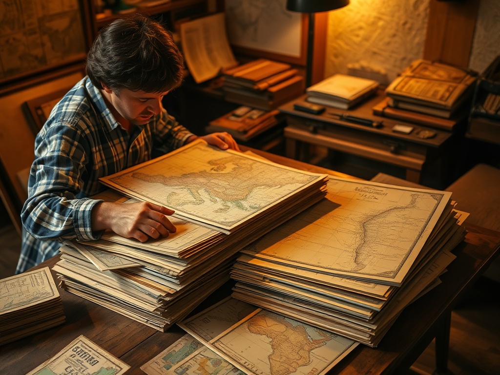 collector sorting through stack of vintage maps on wooden table, hands-on learning, warm ambient light