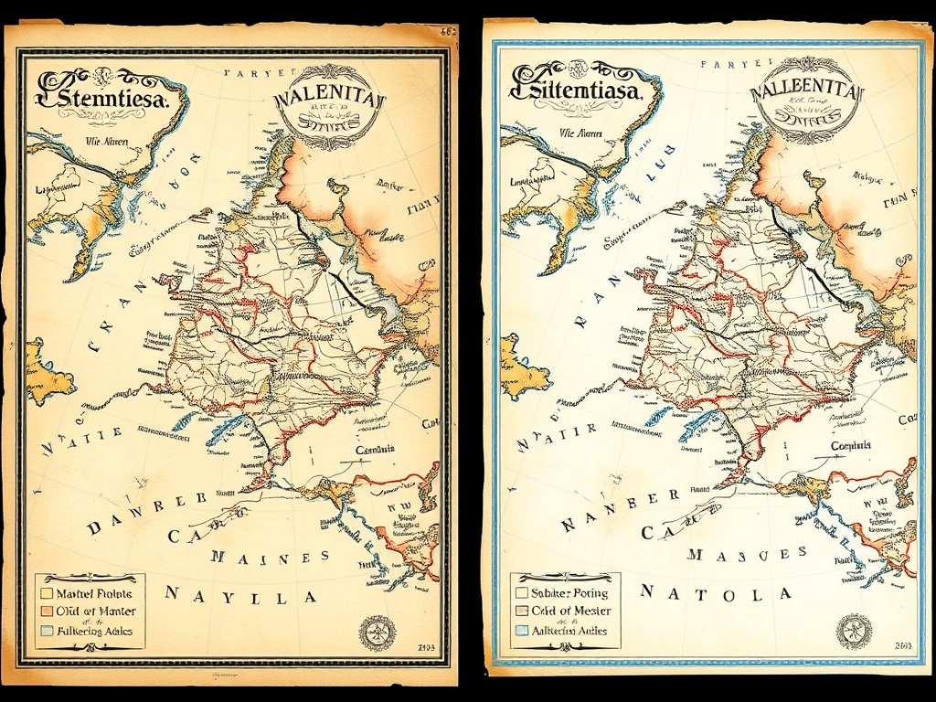 comparison of antique map vs modern reproduction side by side, visible paper texture differences, sepia tones vs bright print
