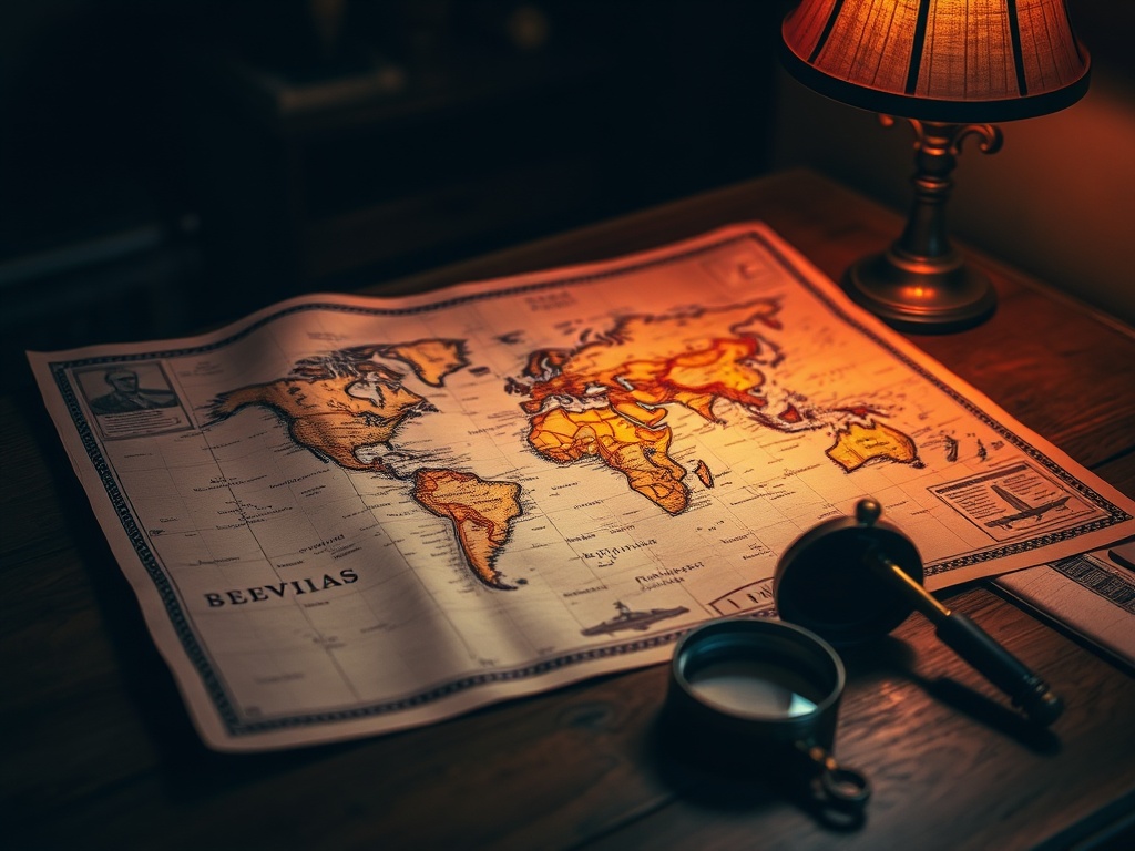 dimly lit study table with antique world map unfolded, brass compass, magnifying glass, warm tones, cinematic vintage mood