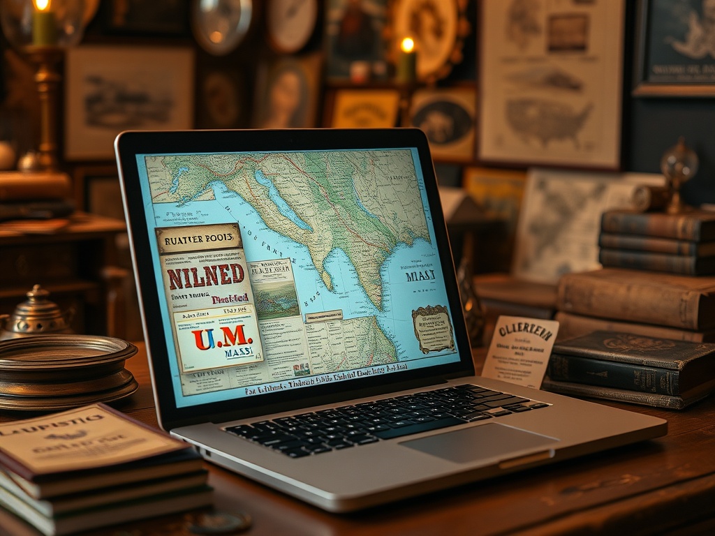 online antique marketplace browsing on laptop with vintage maps listings, warm lighting, collector analyzing listings