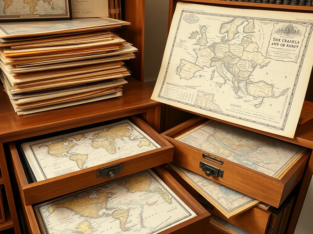 proper archival storage of antique maps in protective sleeves and flat drawers, clean organized collector setup