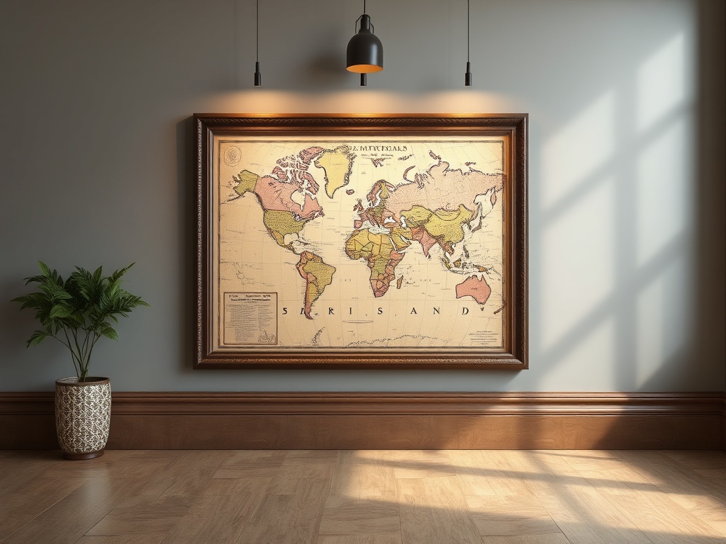 A beautifully framed vintage map, displayed in a museum-style setting with soft lighting and no direct sunlight
