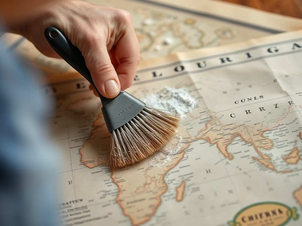 A collector gently dusting a vintage map using a soft brush, highlighting the importance of delicate care