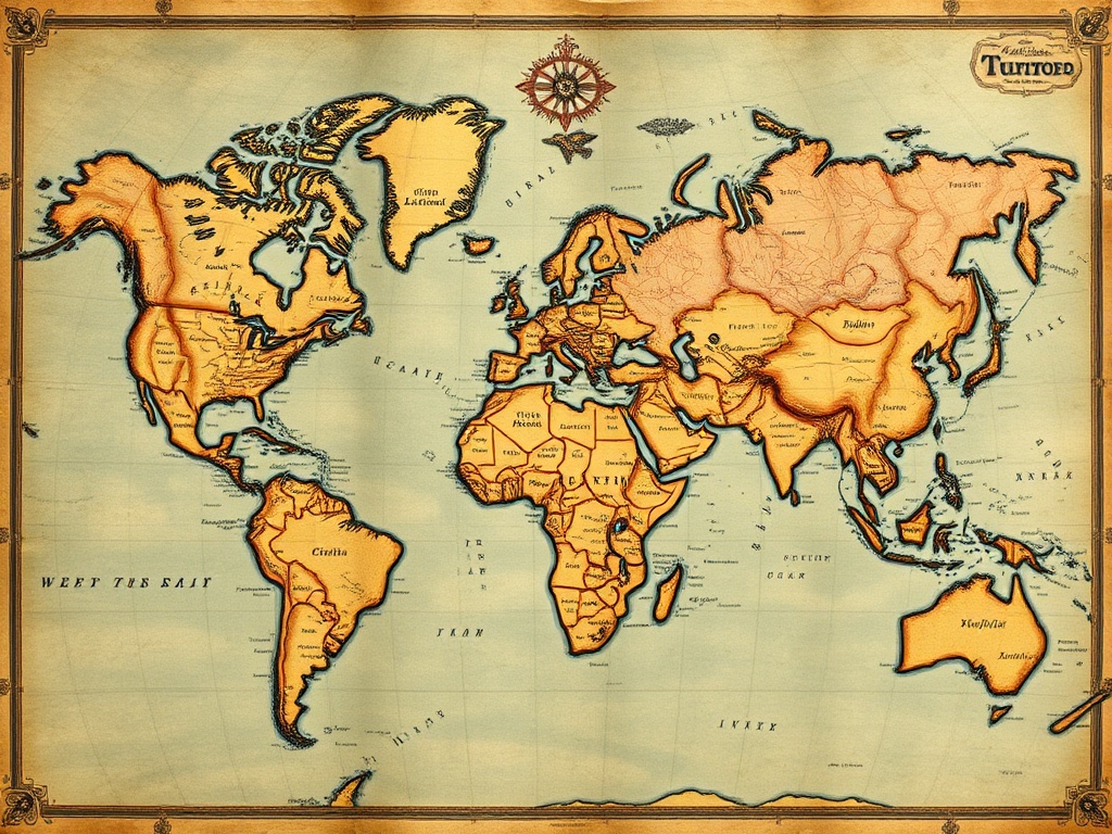 A vintage map of the world with intricate details and faded colors, displaying historical landmarks and old cartography symbols