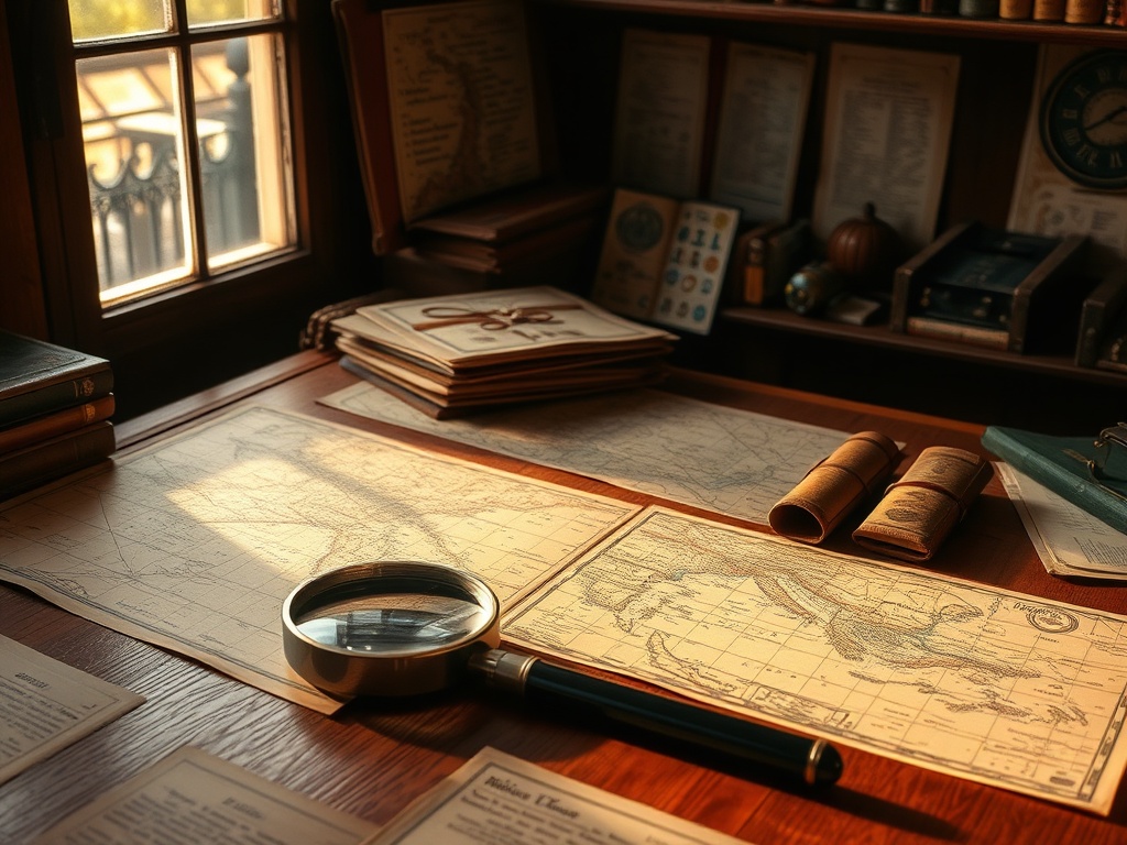 a wooden desk covered in antique maps, magnifying glass, warm light, detailed textures, collector workspace