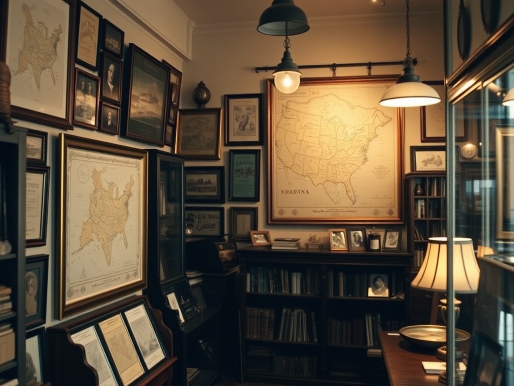 antique shop interior with framed maps on walls, warm lighting, vintage aesthetic