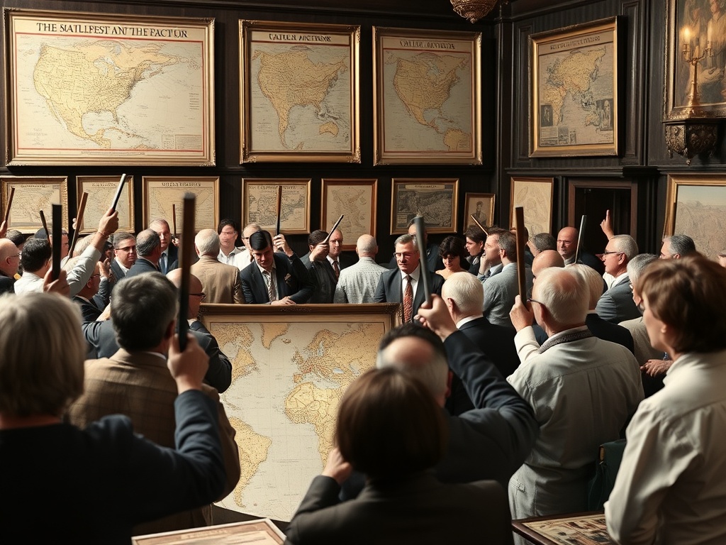 auction scene with antique maps being sold, bidders raising paddles, vintage atmosphere