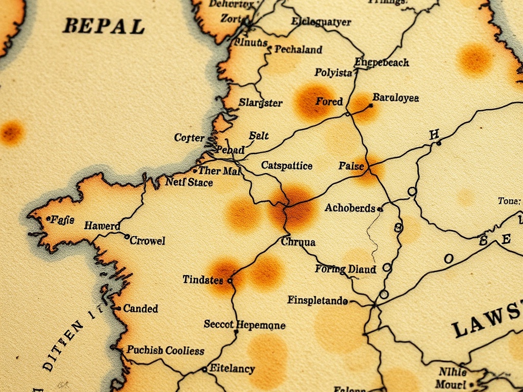 detailed antique map showing foxing spots and aged paper imperfections close-up