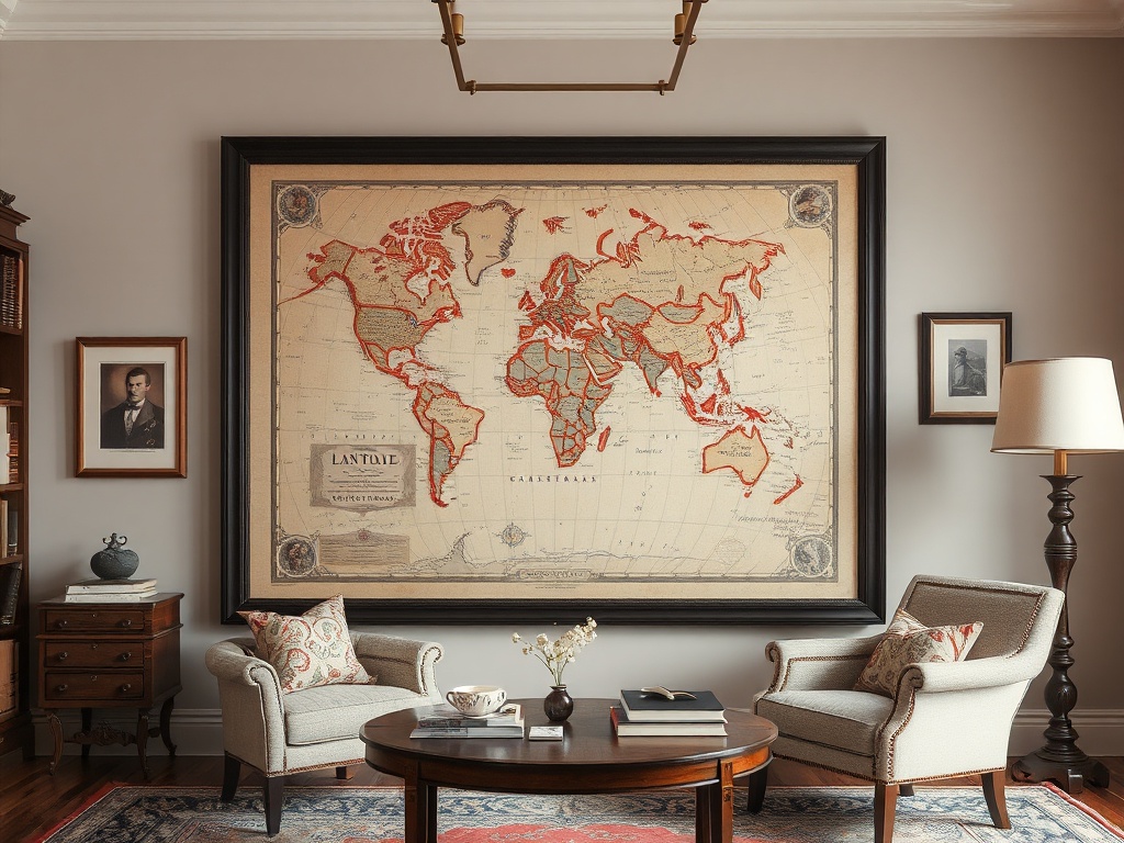 high-end antique map framed elegantly in a collector's study, refined atmosphere