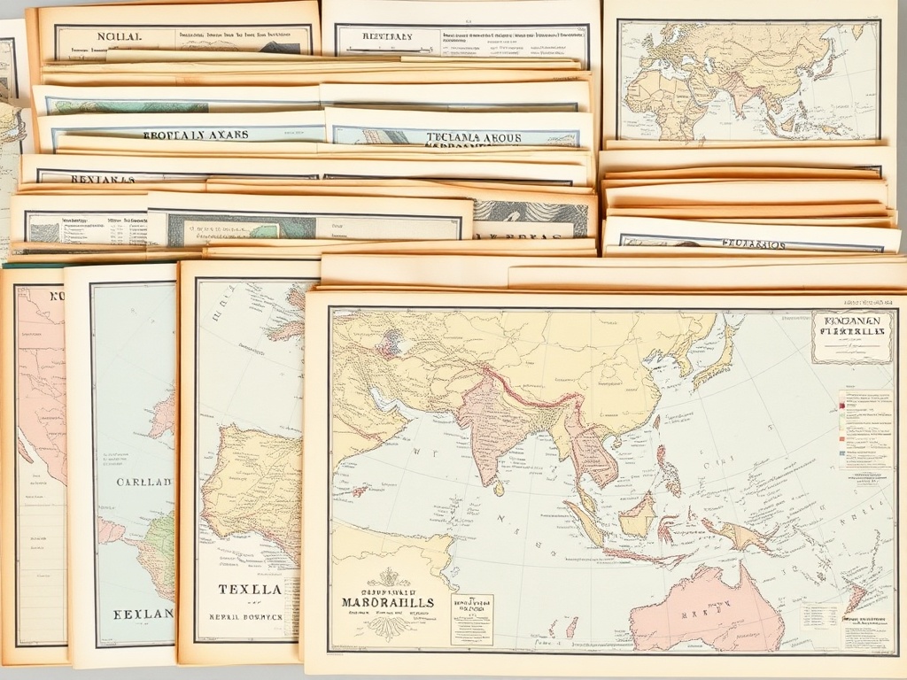 organized collection of vintage maps sorted by region in archival folders, clean layout