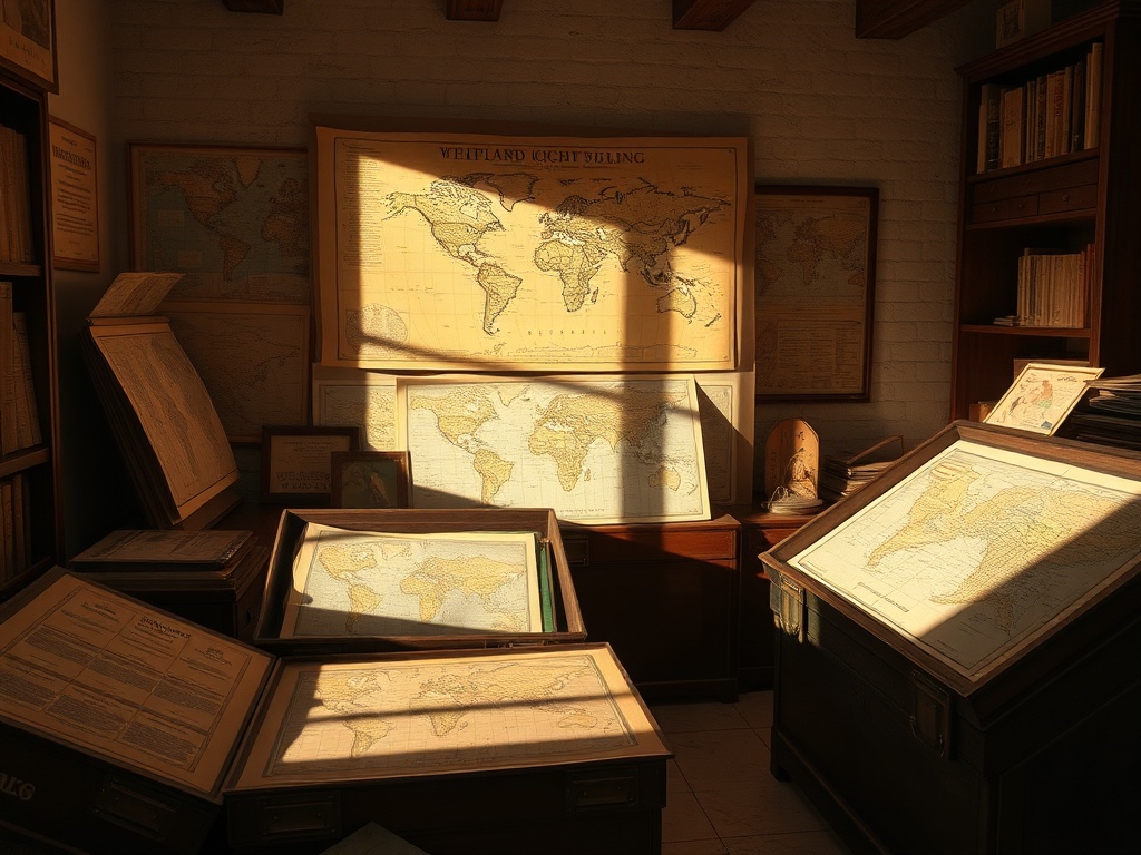 a warmly lit room with vintage maps stored in archival boxes, soft shadows, textured paper details, historical ambiance