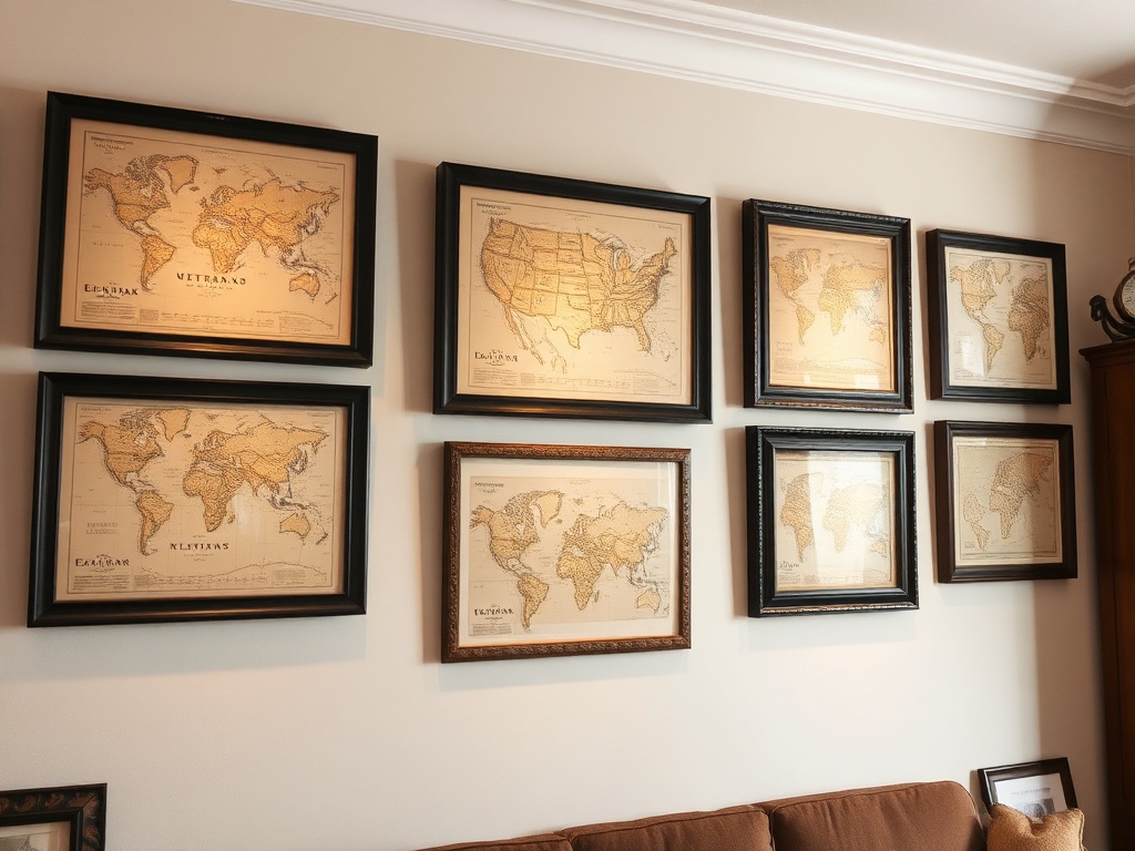 gallery wall of antique maps in frames, soft indirect lighting, curated collector space