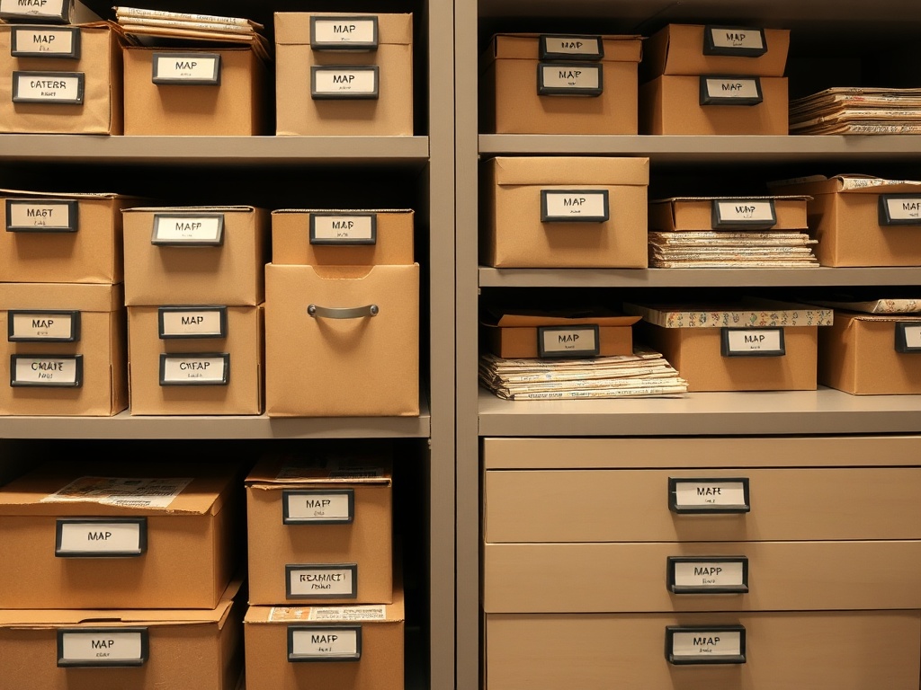 organized archival storage system for maps with labeled boxes and drawers, clean and methodical setup