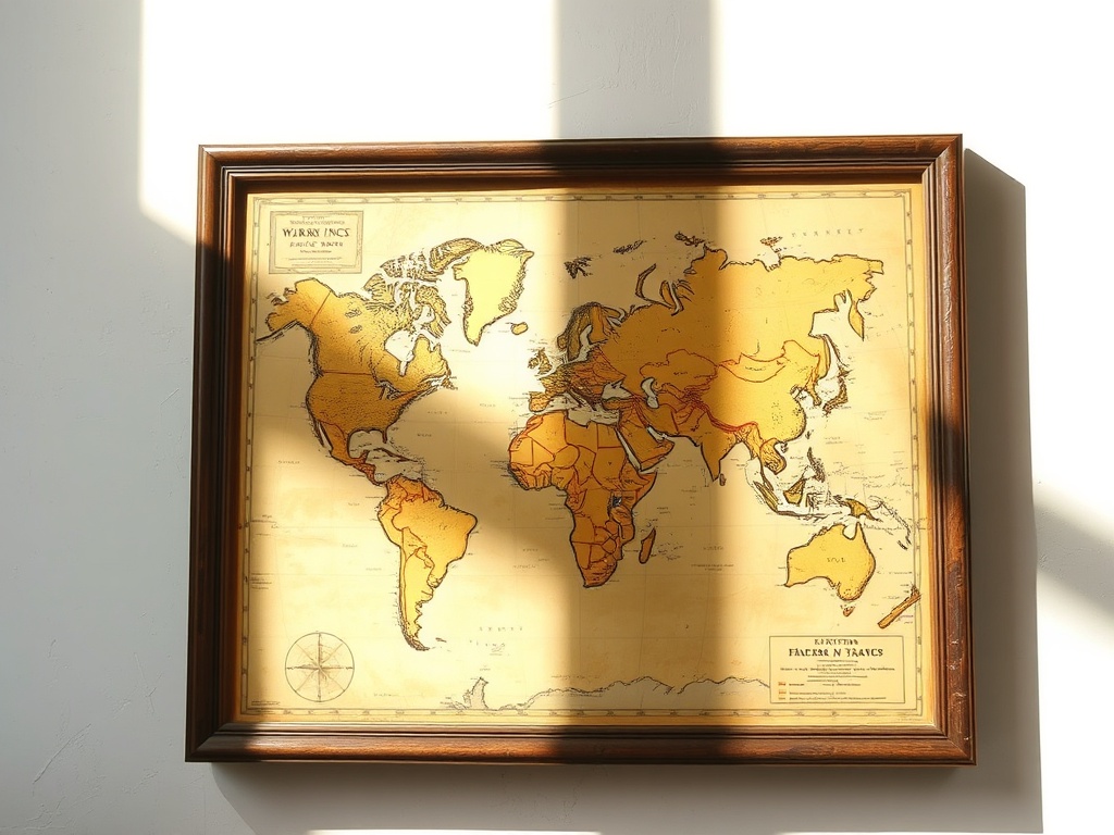 sunlight hitting a framed antique map causing fading, dramatic light contrast, warning visual