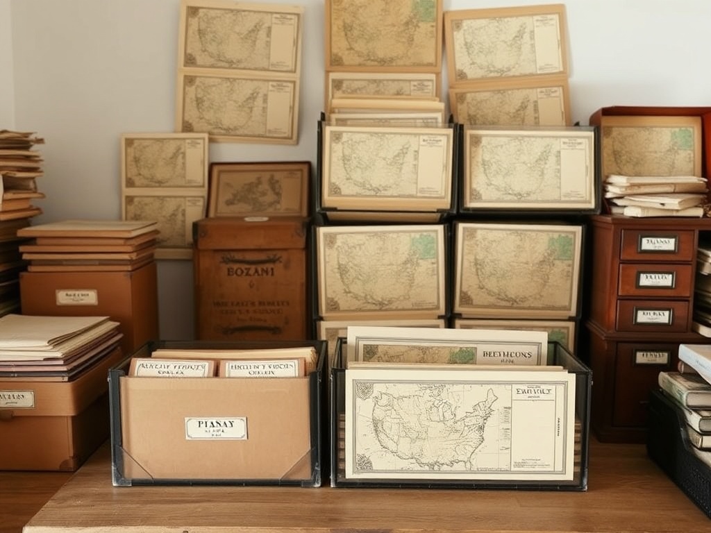vintage map collection neatly organized in archival boxes with labels, calm neutral tones, collector workspace aesthetic