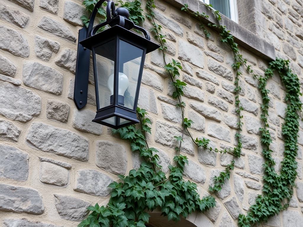 close-up of historic stone wall with iron lantern and creeping ivy in Old Montreal
