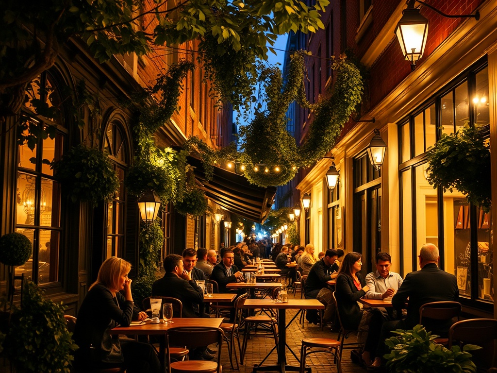 intimate cafe terrace in Old Montreal with warm lighting and people quietly enjoying coffee