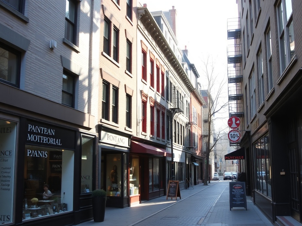 quiet side street in Old Montreal with boutique storefronts and soft morning light