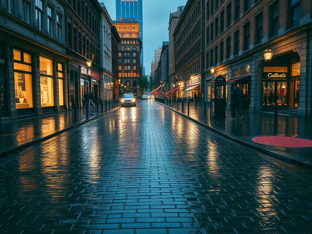 rainy cobblestone street in Old Montreal reflecting warm lights from buildings