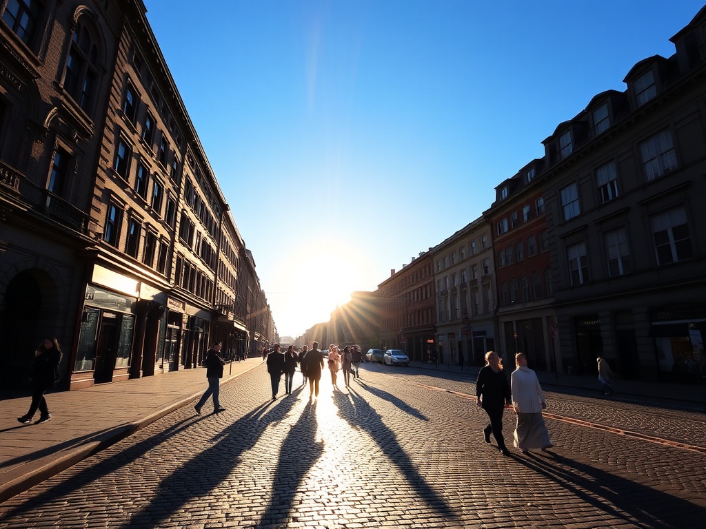 sunlight casting long shadows across cobblestone street with pedestrians in Old Montreal
