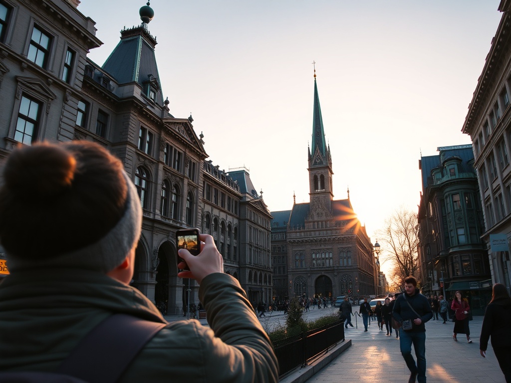 tourist taking a photo of historic building in Old Montreal during golden hour