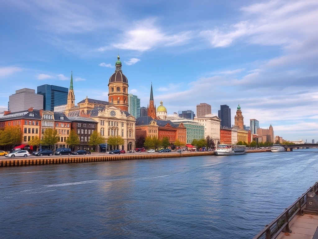 view of Old Port Montreal with river in foreground and historic skyline behind
