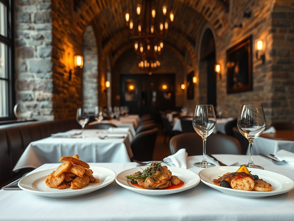 elegant old montreal restaurant warm lighting exposed stone walls french cuisine plated beautifully