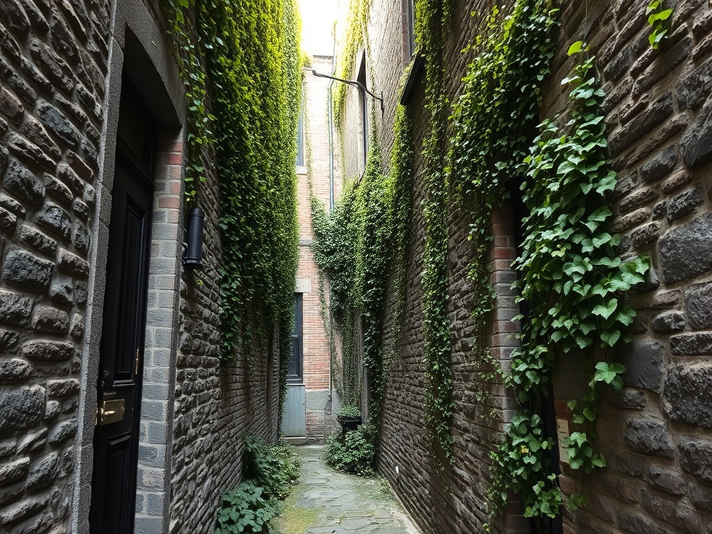 hidden alleyway old montreal ivy covered stone walls narrow passage artistic vibe