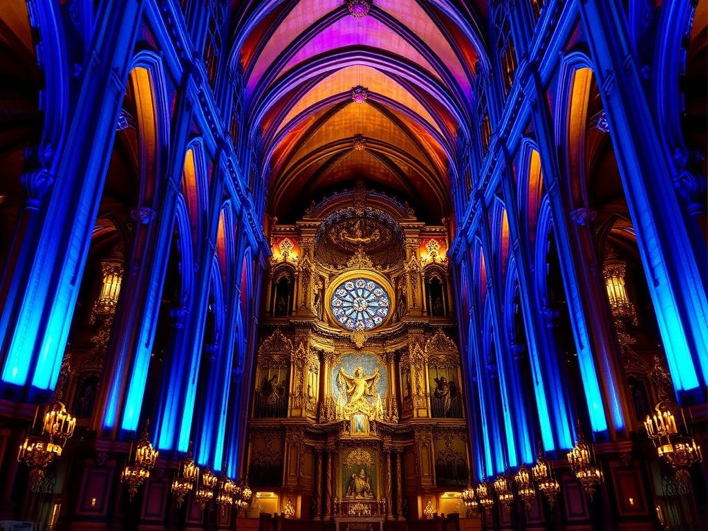 notre dame basilica interior dramatic blue lighting ornate gold details montreal