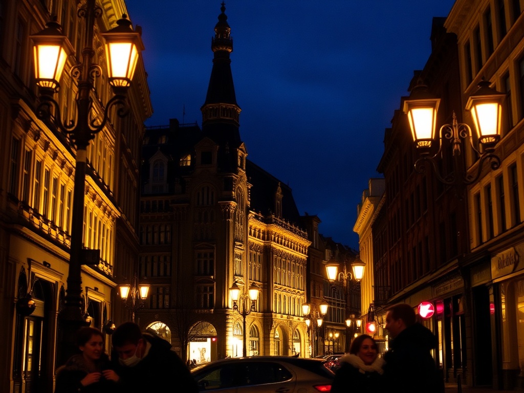 old montreal at night glowing street lamps historic buildings romantic atmosphere